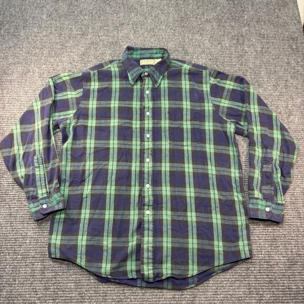 LL Bean Flannel Shirt Mens Large Green Navy Blue Plaid Cotton Made in USA 1653 - Picture 4 of 6